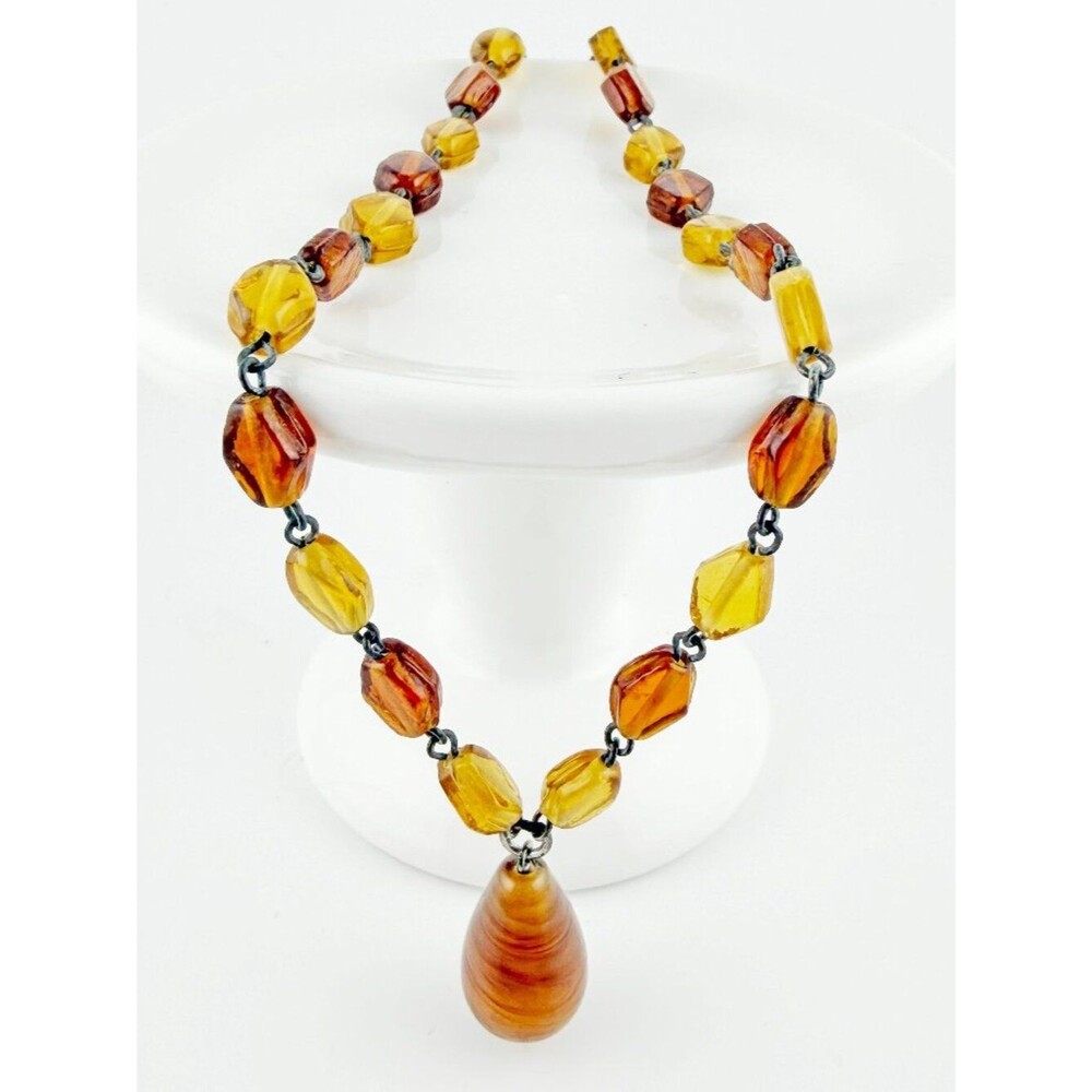 Vintage Amber Glass Beaded Teardrop Statement Necklace - 16"